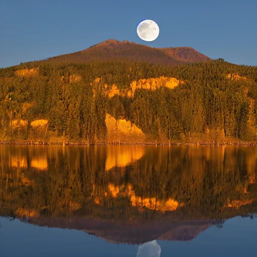 Prompt: full moonrise on still lake in the mountains