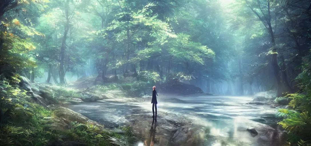 Prompt: anime forest and river, magical, mythical, ethereal, hyper realistic, straight lines 8k hdr pixiv dslr photo by Makoto Shinkai ilya kuvshinov and Wojtek Fus, digital art, concept art,
