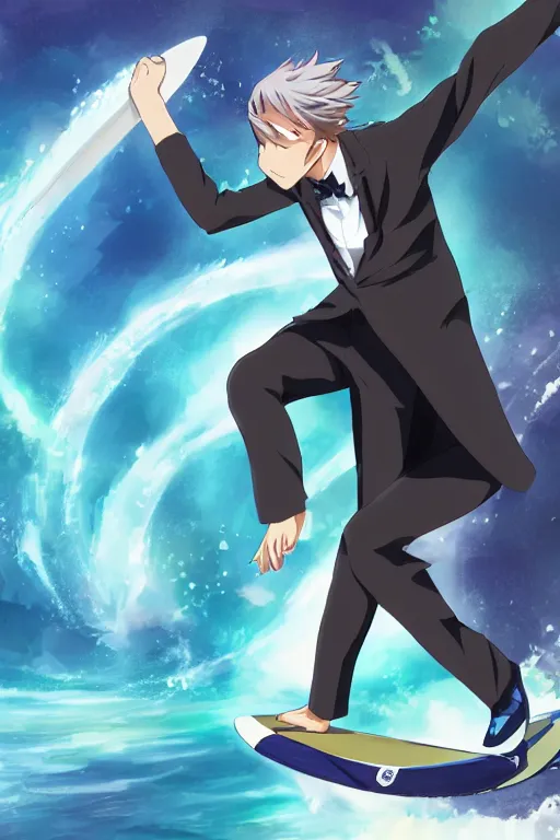 Image similar to anime guy in formal suit surfing through a wormhole using a high technology surfboard, wlop, trending on artstation, deviantart, anime key visual, official media, professional art, 8 k uhd