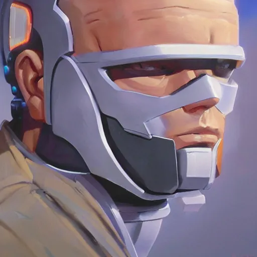 Image similar to greg manchess portrait painting of peter weller combined with the robocop as overwatch character, 8 0 ies aesthetic, medium shot, asymmetrical, profile picture, organic painting, sunny day, matte painting, bold shapes, hard edges, street art, trending on artstation, by huang guangjian and gil elvgren and sachin teng