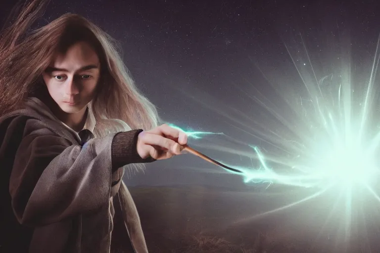 Image similar to a young adult wizard with very detailed face, hair clothes and shoes points their wand fiercely from which a blast of bright magic flies from the end of the wand, on an empty moonlit hill, dramatic lighting, lens flare, cinematic photography