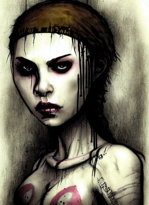 Prompt: a portrait of a pretty sewer punk young lady by ben templesmith