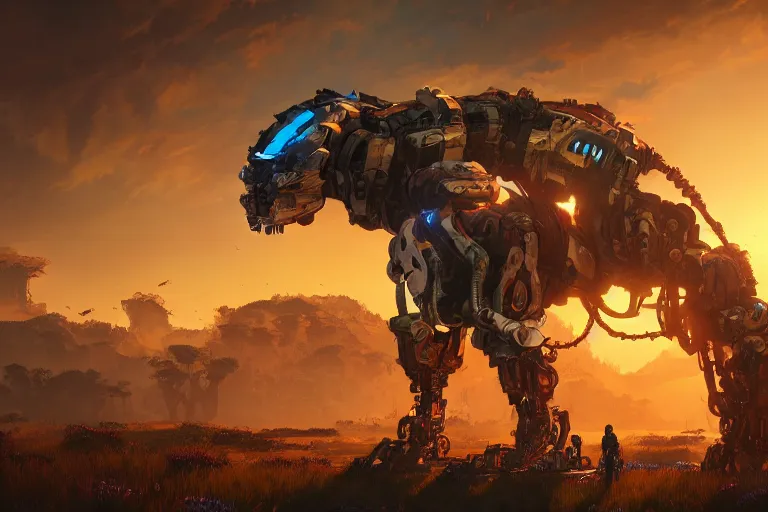 Image similar to snapmaw machine mecanical creature robot of horizon forbidden west horizon zero dawn radiating a glowing aura global illumination ray tracing hdr fanart arstation by ian pesty and alena aenami artworks in 4 k