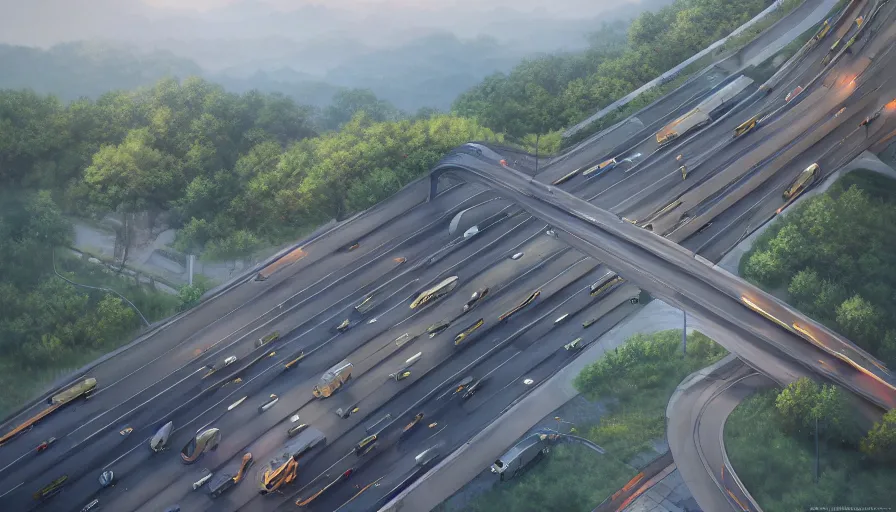 Prompt: A highly detailed matte oil painting of a highway by Mokoto Shinkai, hyperrealistic, cinematic angle, breathtaking, beautiful composition, by Artgerm, by beeple, by Studio Ghibli, volumetric lighting, octane render, 4K resolution, trending on artstation