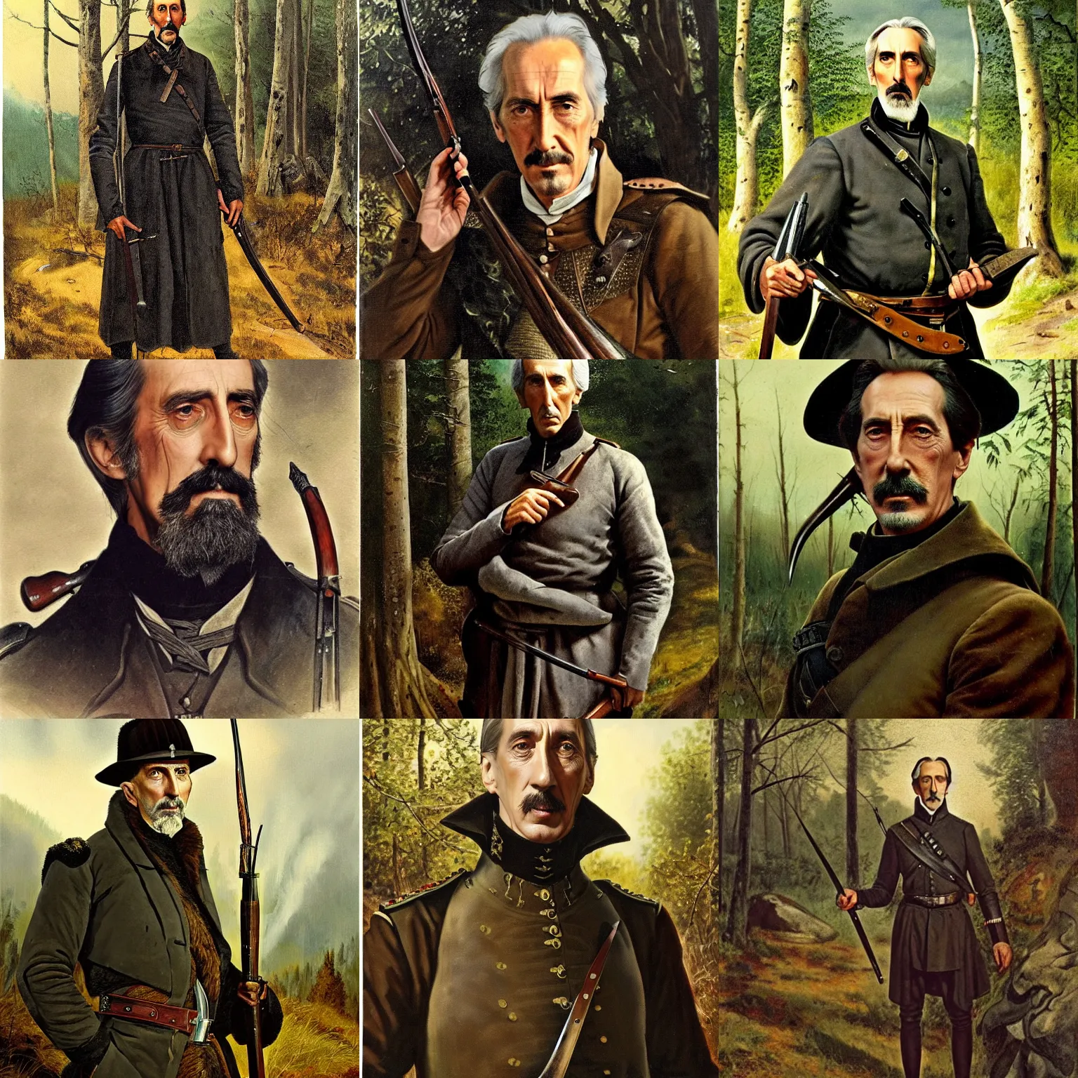 Prompt: a middle aged, martial, stark 19th century eastern european hunter with a large gray goatee looks similar to Jonathan Hyde and young Christopher Lee and young Christopher Lee. The background is a eastern european forrest. cinematic lighting, highly detailed, realistic, antique painting by Paul Brason