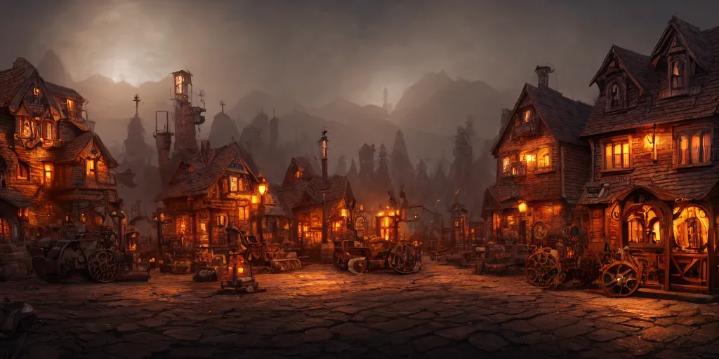 Image similar to a small steampunk wooden village, rich, cyborgs, dark aesthetic, soft colours, natural, steam, big clocks, concept art, octane render, unreal engine, in the style of luca guadagnino, highly detailed, high quality, artstation, digital art, 8 k hdr, cinematic, dramatic lighting, scenic, rich colour scheme