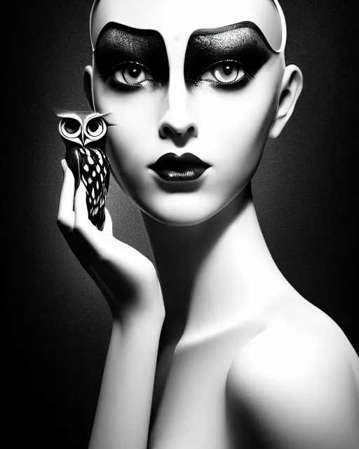 Image similar to surreal mythical dreamy dark artistic black and white fine art 3 / 4 fashion portrait photo of a young beautiful delicate female robot with orchid - owl face, rim light, cinematic, studio dramatic light, poetic, masterpiece, octane render, 8 k, photo - realistic by hg giger and man ray