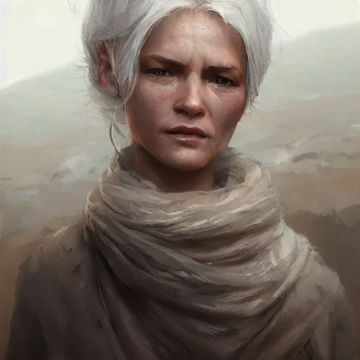 Prompt: a rustic woman, detailed face, white hair, by greg rutkowski, mandy jurgens