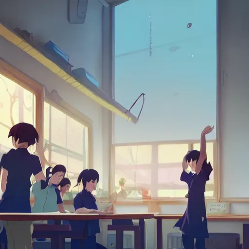 Prompt: passionate teacher teaching with passion in front of motivated pupils a classroom ( students are raising their hand ), detailed, cory loftis, james gilleard, atey ghailan, makoto shinkai, goro fujita, studio ghibli, rim light, exquisite lighting, clear focus, very coherent, plain background