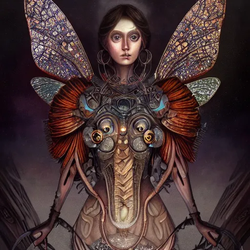 Prompt: realistic illustration of a beautiful rusted mechanical faerie queen with glowing eyes, moth wings with geometric patterns, reflective detailed textures, highly detailed dark fantasy science fiction painting by tom bagshaw and diego rivera, silver and cool colors, artstation