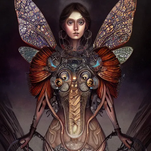 Image similar to realistic illustration of a beautiful rusted mechanical faerie queen with glowing eyes, moth wings with geometric patterns, reflective detailed textures, highly detailed dark fantasy science fiction painting by tom bagshaw and diego rivera, silver and cool colors, artstation