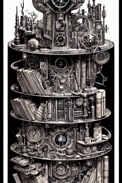 Image similar to a majestic steampunk alchemists bookshelf, two point perspective, furniture, high details, bold line art, by vincent di fate and joe fenton, inking, etching, screen print, masterpiece, trending on artstation, sharp, high contrast, hyper - detailed,, hd, 4 k, 8 k