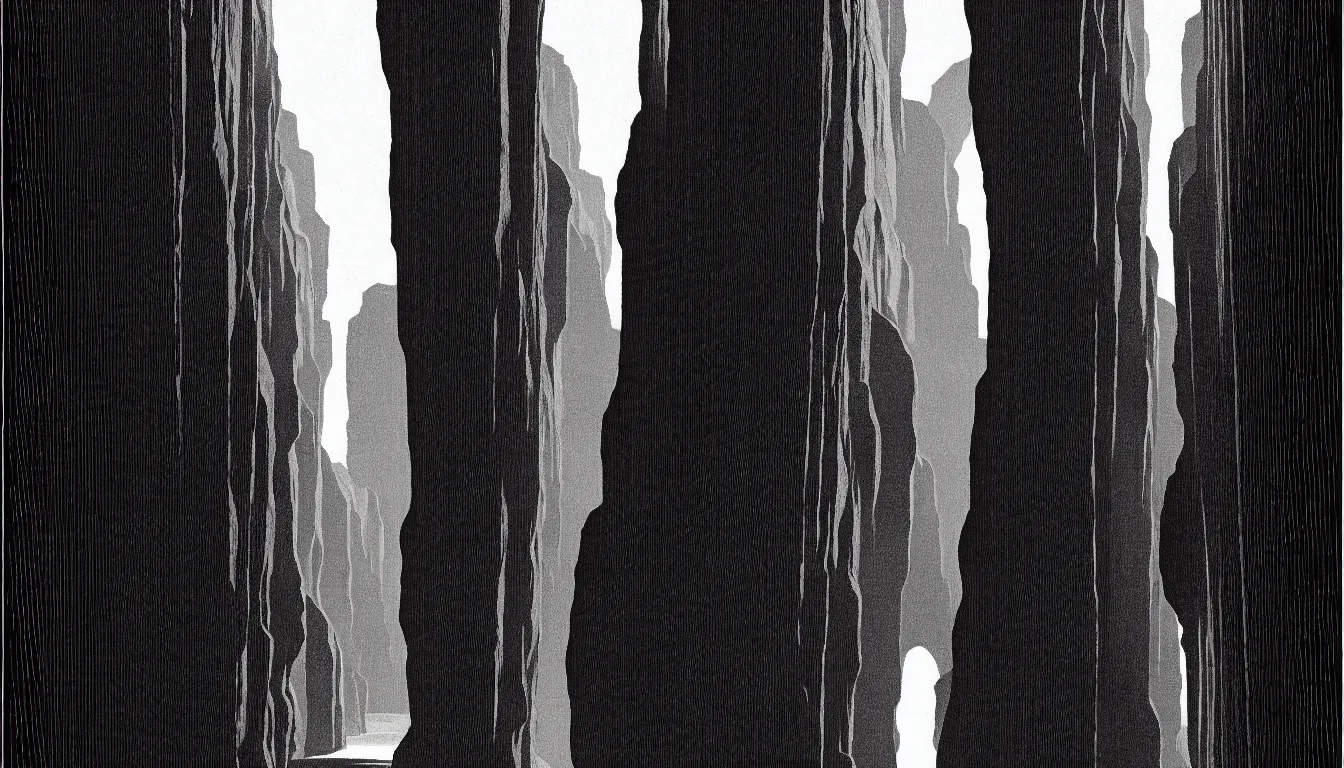 Image similar to slot canyon with light rays by dan mumford and peter doig and edward hopper, symmetrical, minimal, black ink, thick lines highly detailed, muted colours 8 k