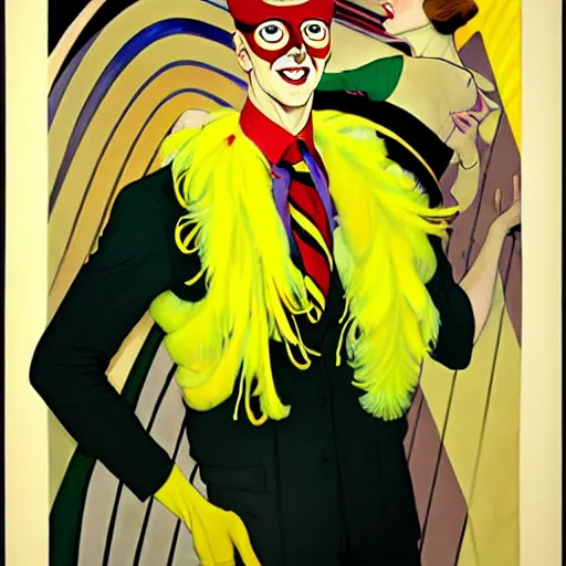 Prompt: art by joshua middleton, the yellow creeper, a tall manically smiling yellow - skinned man with green and black striped cycling shorts and wearing a long red and black striped ostrich feather boa, yellow makeup, mucha, kandinsky, poster, art deco motifs, comic art, stylised design, scarlet feather boa