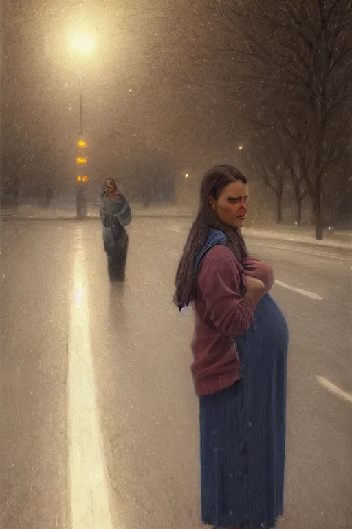 Prompt: sobbing pregnant woman under street light, jeans and sweater, winter, by Alyssa Monks, Bouguereau