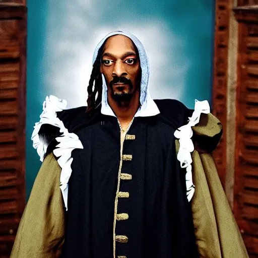 Prompt: photograph of snoop dog dressed as william shakespeare, filmic, cinematographic