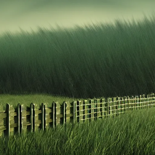 Image similar to an endless fence that is 1 0 0 0 feet tall, in a field with rolling hills, birds high in the sky, dystopian, rim, masterpiece oil painting, octane render, by barlowe, by kincaid 4 k