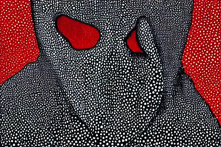 Prompt: anxiety faceless people dark, dots, drip, stipple, pointillism, technical, abstract, minimal, style of francis bacon, asymmetry, pulled apart, cloak, hooded cowl, made of dots, abstract, balaclava mask, colored dots, sploch