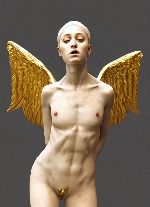 Image similar to a statue made of white marble with gold veins, of an beautiful gorgeous angel girl, full body shot, perfect symmetrical body, perfect symmetrical face, no eyes, hyper realistic, hyper detailed, fujicolor superia 1 6 0 0 photo, by johannen voss, by peter kemp, by monia merlo, by michelangelo octane render, blender, 8 k