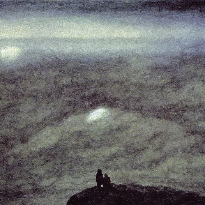 Image similar to shy mountain summit taking a peek through the clouds, fog, with curious eyes. floating spirit in transparent nightgown. painting by caspar david friedrich, yves tanguy, jean delville, rene magritte, max ernst, monet