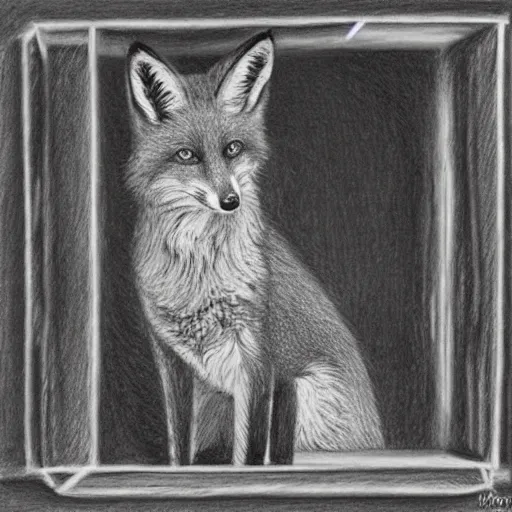 Prompt: a fox inside a box, pencil drawing, award winning, highly detailed