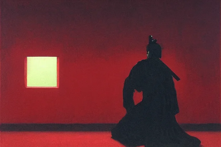 Image similar to only with red, a red samurai do seppuku, tokio, a lot of frogs watch, in the style of beksinski, parts by edward hopper, parts by rodcenko, parts by yue minjun, intricate and epic composition, red by caravaggio, insanely quality, highly detailed, masterpiece, red light, artstation, 4 k