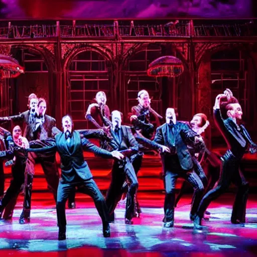 Image similar to Production photo of John Wick the musical on broadway, dancing, singing, fighting, John Wick costumes by Julie Taymor, set design by Julie Taymor