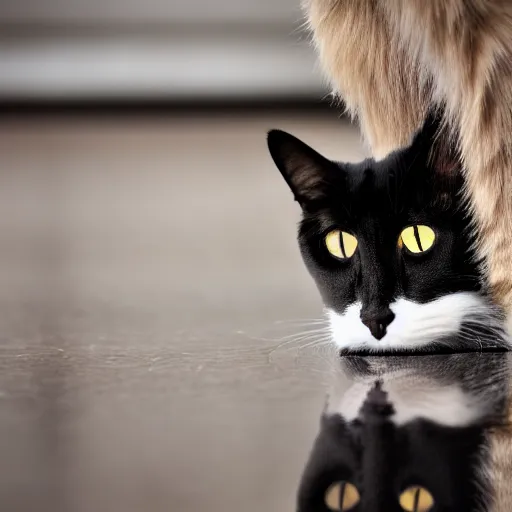 Prompt: a cat on to legs staring into reflection, 4 k, photography