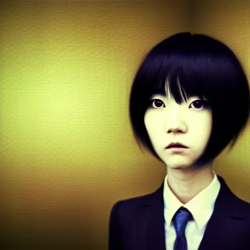 Image similar to yoshitaka amano blurred and dreamy realistic three quarter angle portrait of a young woman with short hair and black eyes wearing office suit with tie, junji ito abstract patterns in the background, satoshi kon anime, noisy film grain effect, highly detailed, renaissance oil painting, weird portrait angle, blurred lost edges