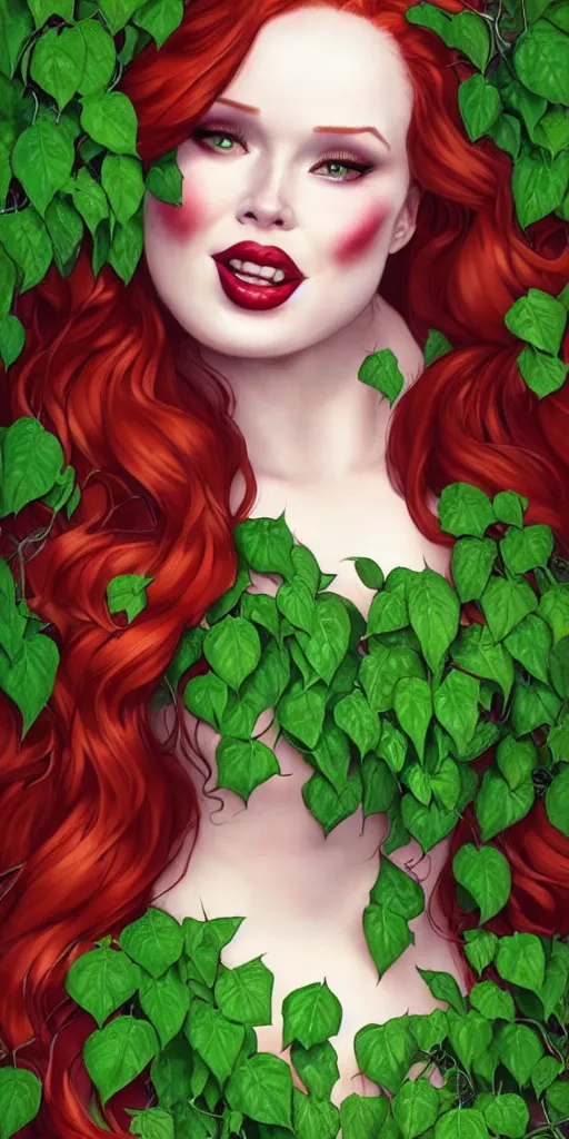 Prompt: beautiful obese 400-pound Madelaine Petsch poison ivy DC comics, evil smile, realistic character concept, fun pose, comic book, illustration, symmetrical face and body, surrounded by vines and plants, artstation, cinematic lighting, hyperdetailed, high resolution, Charlie Bowater, Tom Bagshaw, single face, insanely detailed and intricate, beautiful