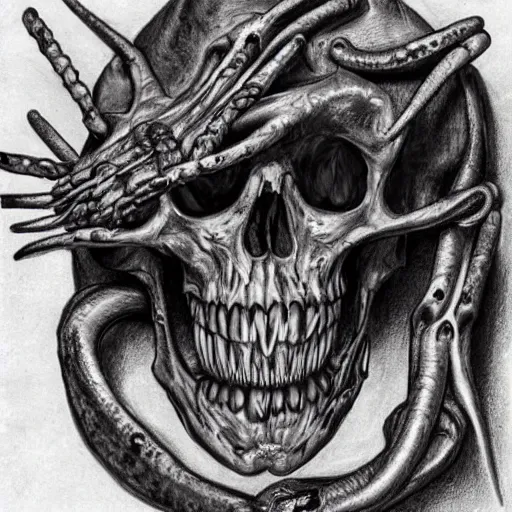 Prompt: hyperrealistic drawing of a monster made of liver and skulls, terrifying, beautiful, cringe, high detail