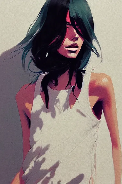 Image similar to a ultradetailed beautiful painting of a stylish woman with a white tank top, by conrad roset, greg rutkowski and makoto shinkai trending on artstation