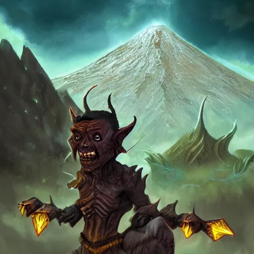 Image similar to a highly detailed goblin with dark skin and yellow eyes that glow, Like magic the gathering, goblin chainwalker, with a volcano in the background, digital art, by Christopher rush