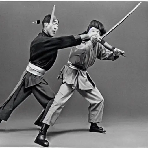 Prompt: 6 0 s movie still of two samurai sword fighting, heavy grain - n 9