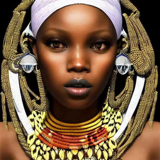 Prompt: A masterpiece portrait of a Incredibly beautiful African girl albino model. With big bright African jewelry. In African clothes. Vogue. trending on artstation, digital art, by Stanley Artgerm Lau, WLOP, Rossdraws, James Jean, Andrei Riabovitchev, Marc Simonetti, Yoshitaka Amano