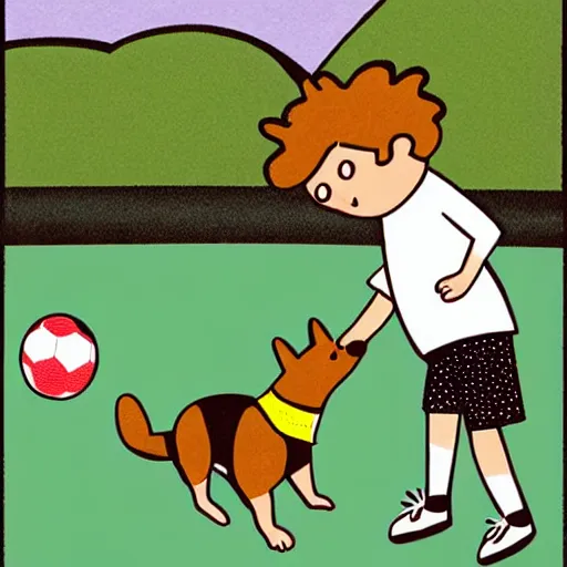 Image similar to illustration of french boy in paris playing football against a corgi, the corgi is wearing a polka dot scarf