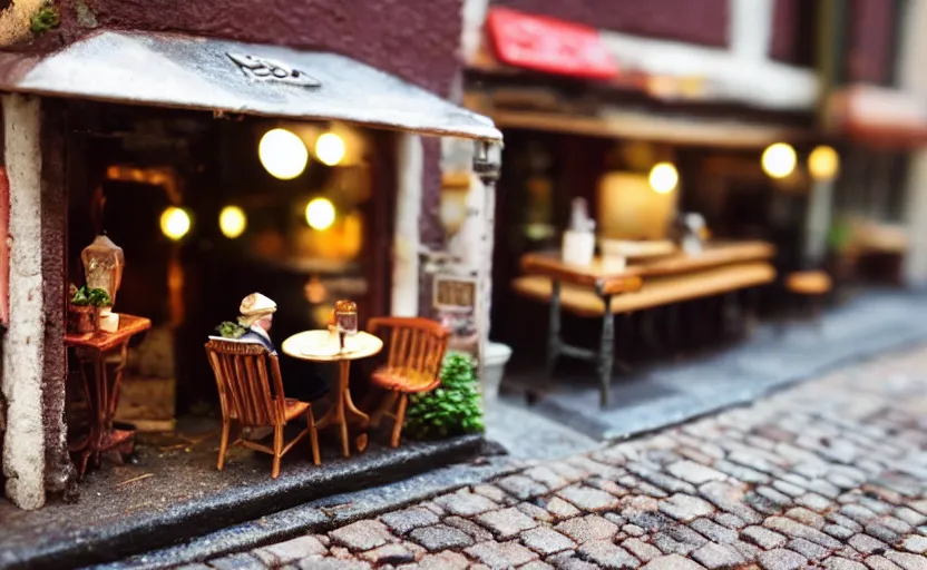 Image similar to miniature cafe diorama macro photography, cafe for mice, alleyway, ambient, atmospheric, british, bokeh, romantic