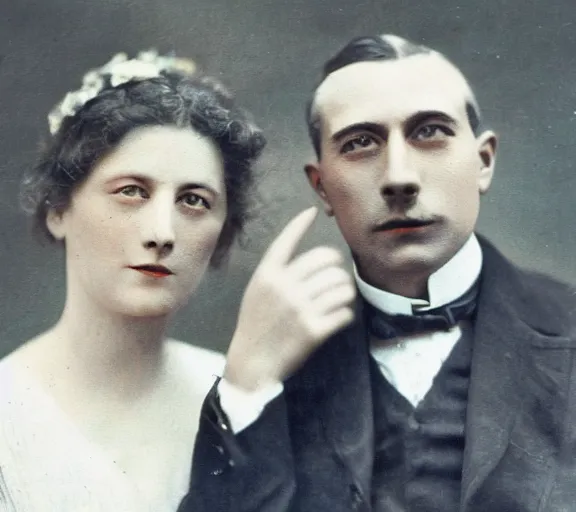 Prompt: color photo of attractive man and woman, age 40, in the year 1915