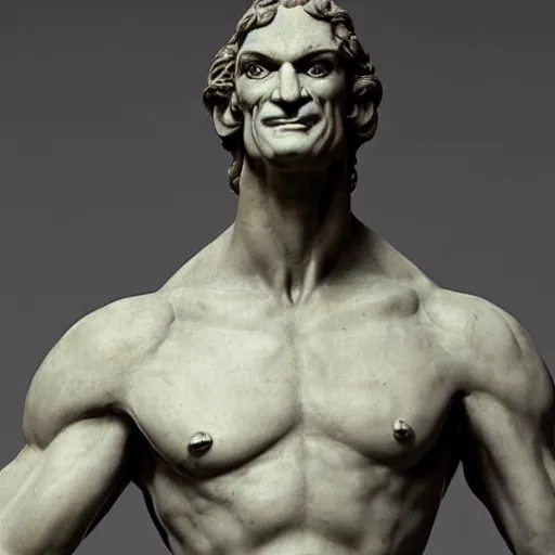 Prompt: a renaissance sculpture of a tall, muscular, handsome, gorgeous beautiful male with the face of Waluigi from Nintendo,