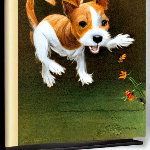 Image similar to portrait of a happy smiling jack russel terrier jumping, closeup, illustrated by peggy fortnum and beatrix potter and sir john tenniel