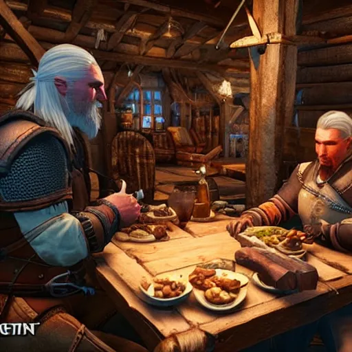 Image similar to geralt eating beans in a tavern, witcher 3 in game screenshot, epic composition