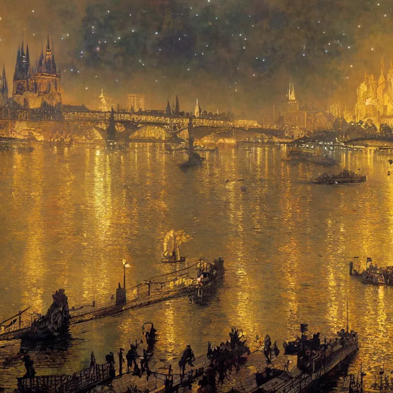 Image similar to a beautiful painting of the view from the river of london or prague during a fireworks festival, at night with a sky full of stars and fireworks, intricate, elegant, highly detailed, digital painting, artstation, concept art, by krenz cushart and artem demura and alphonse mucha