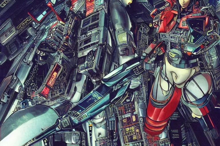 Prompt: a refined cyberpunk illustration of Nakamura Aya in the cockpit of a giant fighting robot, by katsuhiro otomo and masamune shirow, hyper-detailed, colorful, view from above, wide angle, close up