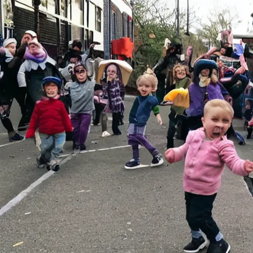 Prompt: wide - angle photograph of a group of toddlers rioting after listening to jordan peterson debate nap time, daycare center