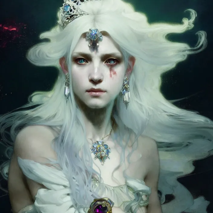 Image similar to a beatiful white haired princess, adorned with precious stone jewelry, intricate concept art, ethereal, ominous, dramatic lighting, Ruan Jia and Jeremy Mann and Alphonse Mucha