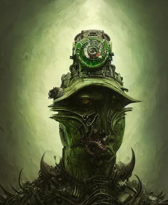 Image similar to a portrait of an evil green steampunk dark lord, by hr giger and beksinski and stephan martiniere, 4 k resolution, detailed, 3 d render, unreal engine, octane render, trending on artstation