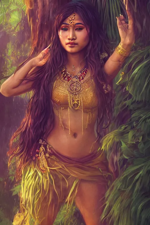 Image similar to stunningly beautiful, nepali dancer in jungle, symmetrical face, golden hour, smooth, focus, highly detailed, hyper realistic, dramatic lighting, elegant, intricate, concept art, art by wlop, mars ravelo, greg rutowski, artstation