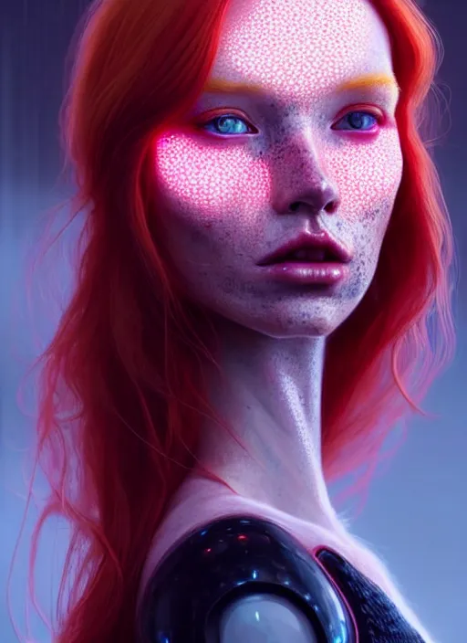 Image similar to an extremely detailed beautiful redhead scandinavian female humanoid with freckles, by loish, d & d, fantasy, cyber neon lighting, futurism, cyberpunk fashion clothing, elegant profile posing, perfect anatomy, hyper photorealistic, digital photography, artstation, pinterest, concept art, art by pascal blanche and greg rutkowski,