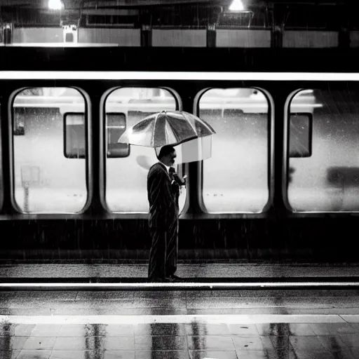 Prompt: A cow man in a suit standing on the train platform in the rain. His train is three hours late and he is wondering what is happening. Across the street he sees the soft glow of an open sign on a diner through the rain and feels melancholy.