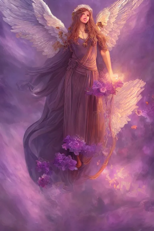 Prompt: breathtaking detailed soft painting of violette sucree as a renaissane angel, german romanticism, golden rose flowers floating around, amethyst stained glass, rembrandt style, volumetric lighting, concept art, matte, sharp focus, by celestialfang, matchach, juanmao, dustin panzino, trending on artstation